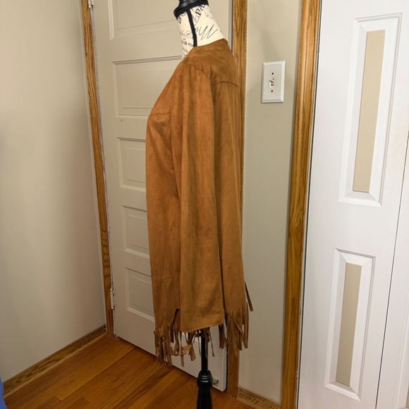 BCBGeneration Women Medium Cognac Faux Suede Tan Boho Fringe Open Blazer Western - Picture 7 of 9